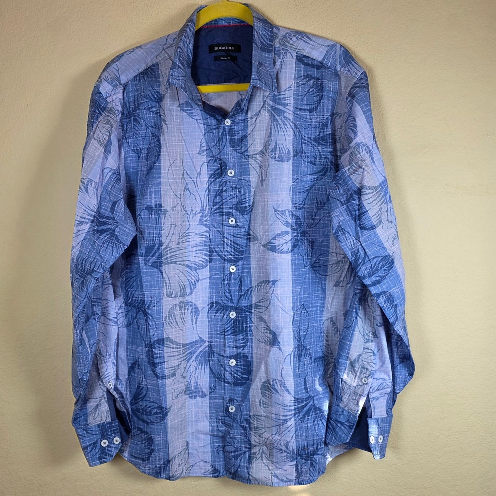 BUGATCHI Men's Blue Floral Plaid Classic Fit Long Sleeve Button Up Shirt XL
